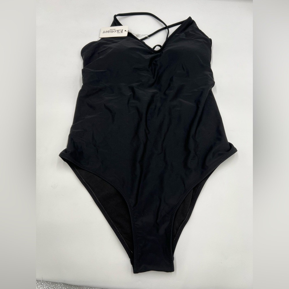 Ekouaer Womens Black One Piece Swimsuit V-Neck Lace Up Back Bodysuit NWT - Picture 8 of 13